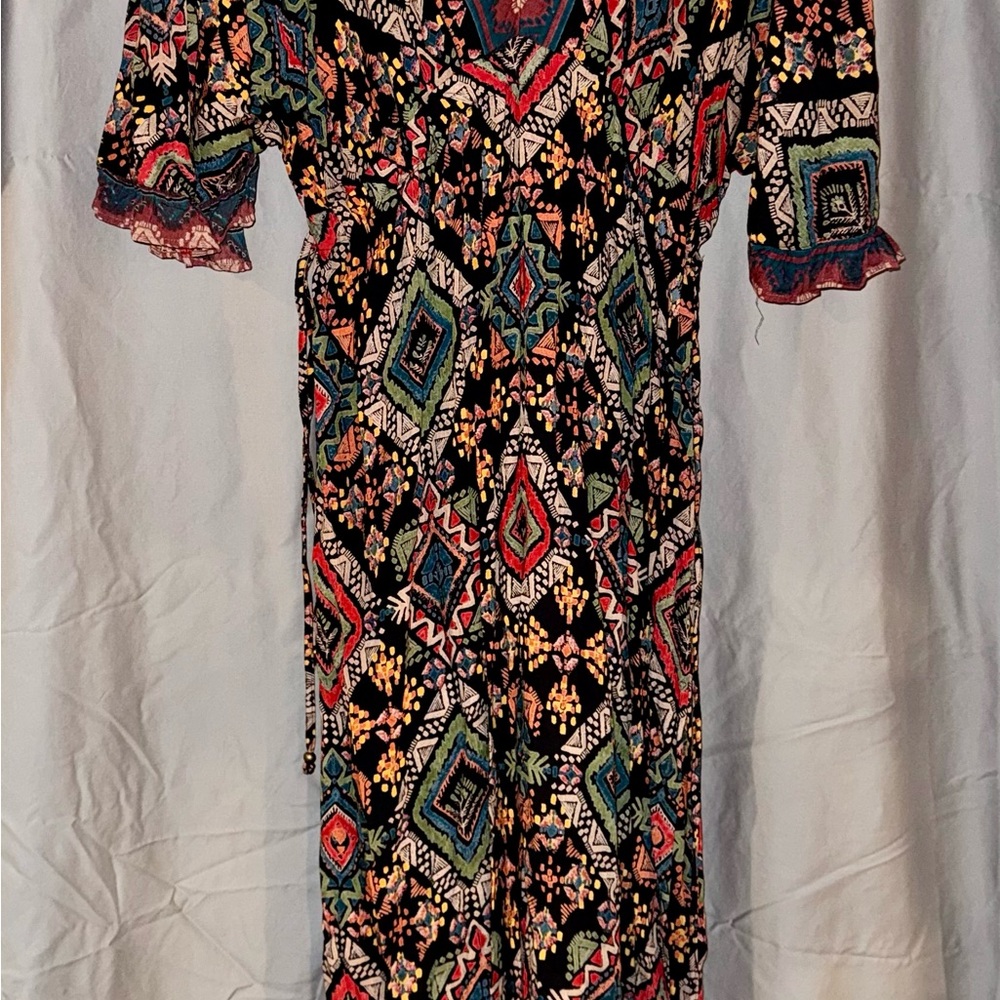 Vibrant Black Multicolor Geometric Midi Dress